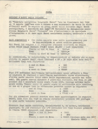 Resoconto dell'attività della Delasem dopo l'8 settembre 1943 - Archivio CDEC, Fondo Soccorritori